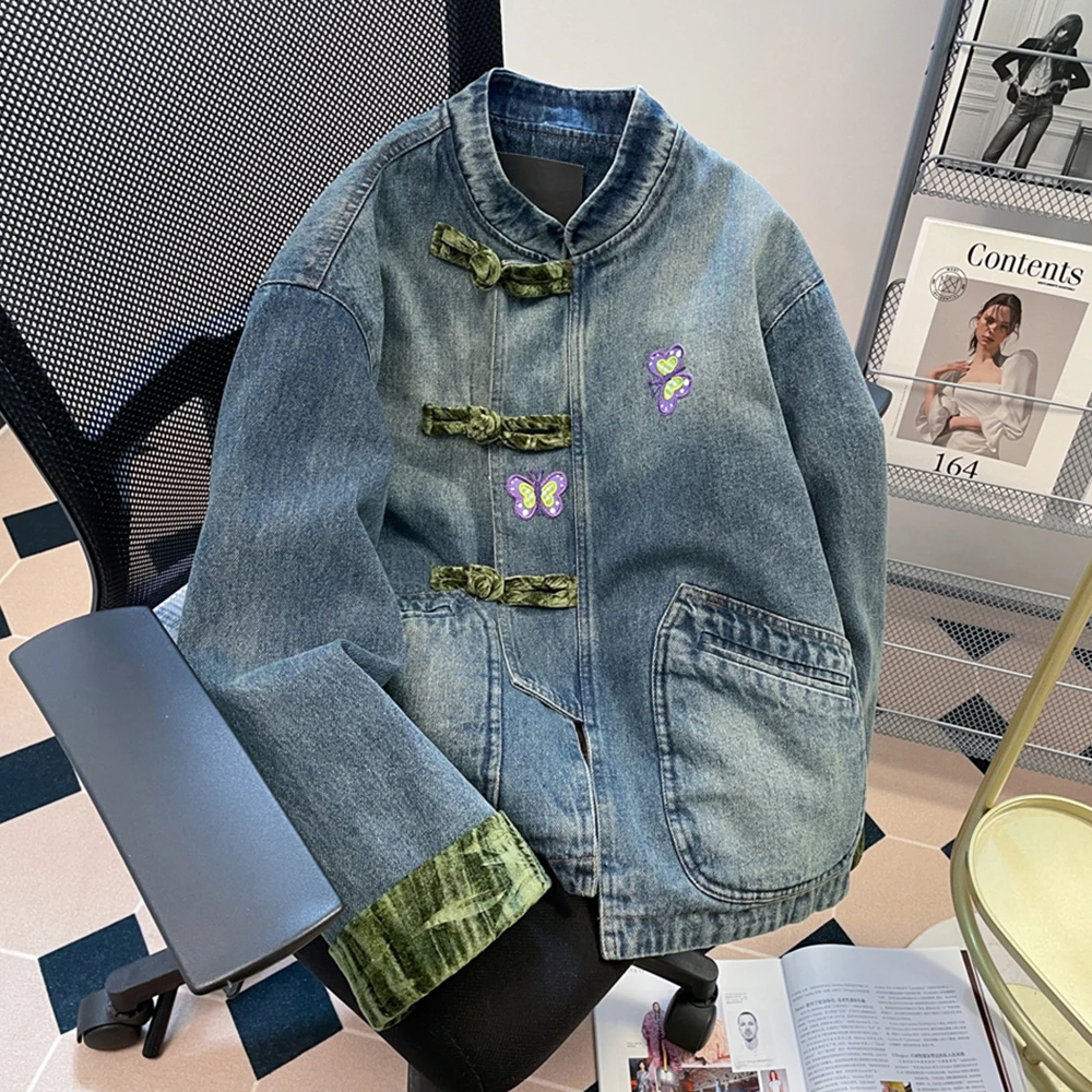 Guofeng Butterfly Embroidered Denim Jacket for Men Women 2024 Autumn Retro New Vertical Collar Button Coats Motorcycle Biker Top