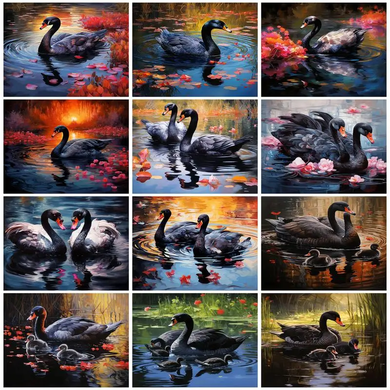 

RUOPOTY Painting By Number Adults New Black Swan Animal Original Gifts Picture Frame Watercolor Handpainted Oil Home Decoration