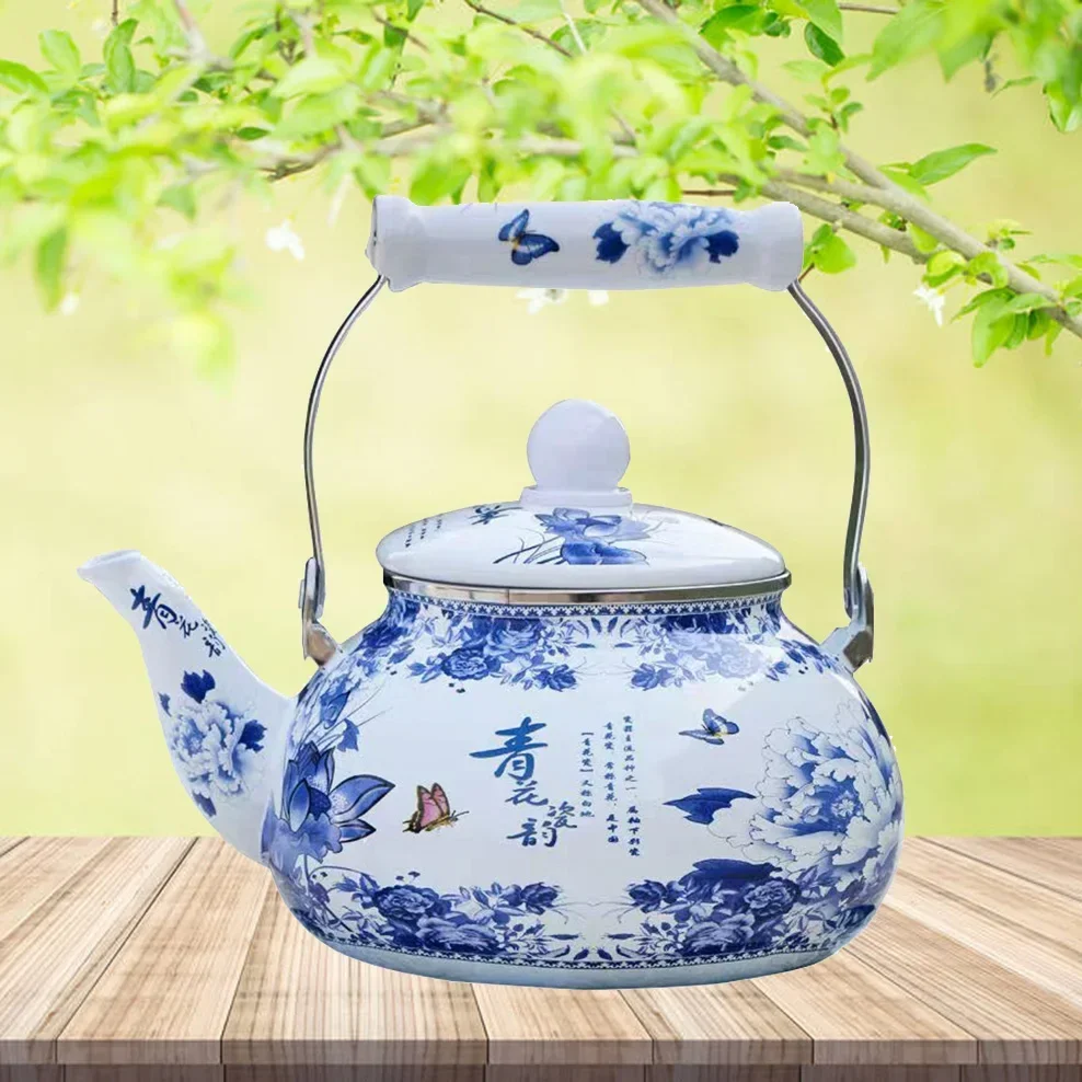 2.5L Enamel Tea Infuser Blue And White Porcelain Enameled Boiling Kettle Gas Induction Cooker Boiling Teapot Cold Kettle