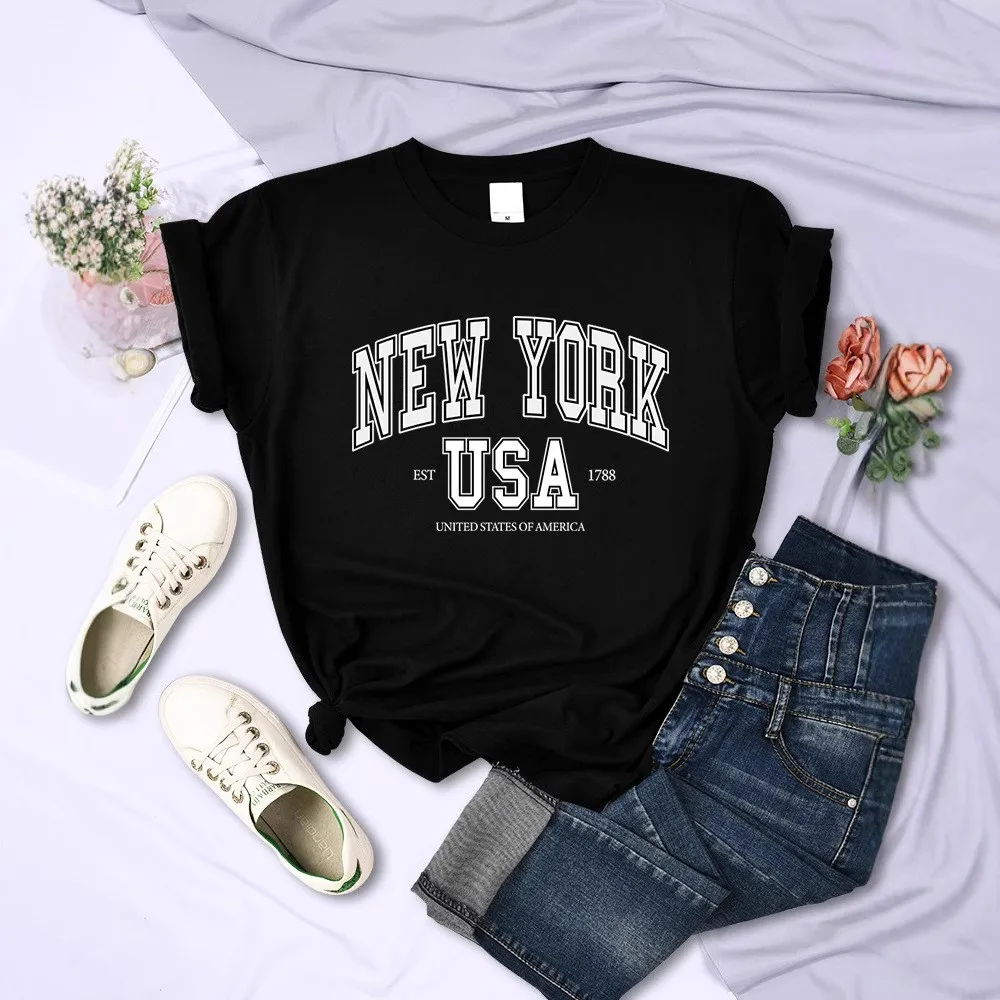 New York Usa Est 788er Set Ci Letter Damen T-Shirt Cool Street Sle ort Sve rundes Ne bedrucktes Top für die Frühlingssaison