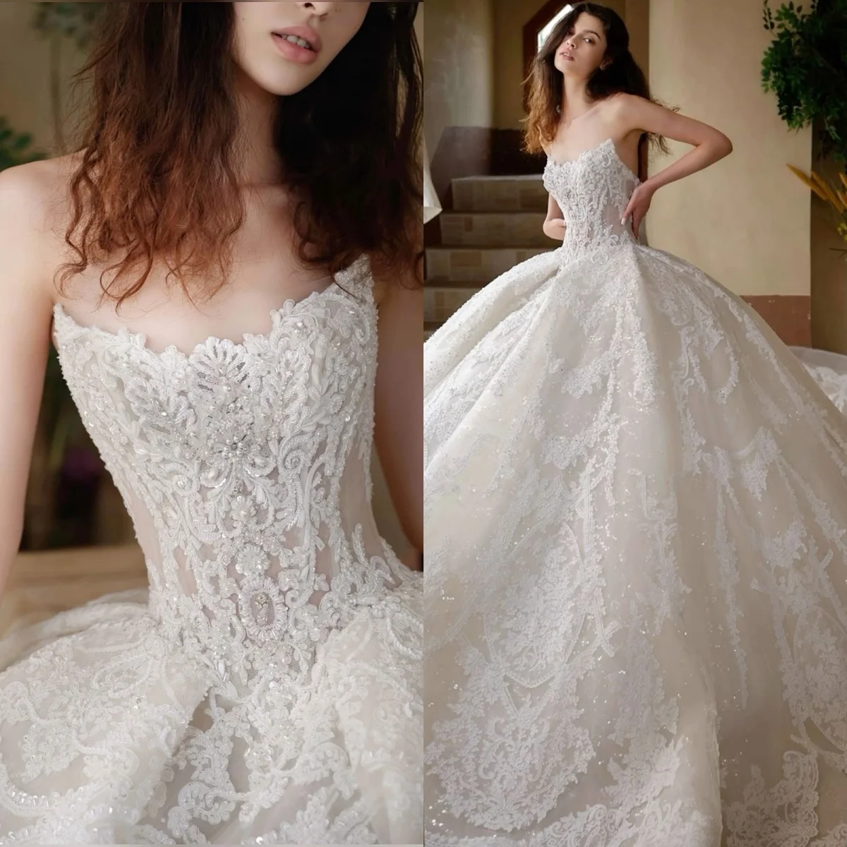 Personalizado blanco exquisito delicado brillante fiesta nupcial vestido de novia vestidos de novia Organza lentejuelas perlas sin tirantes