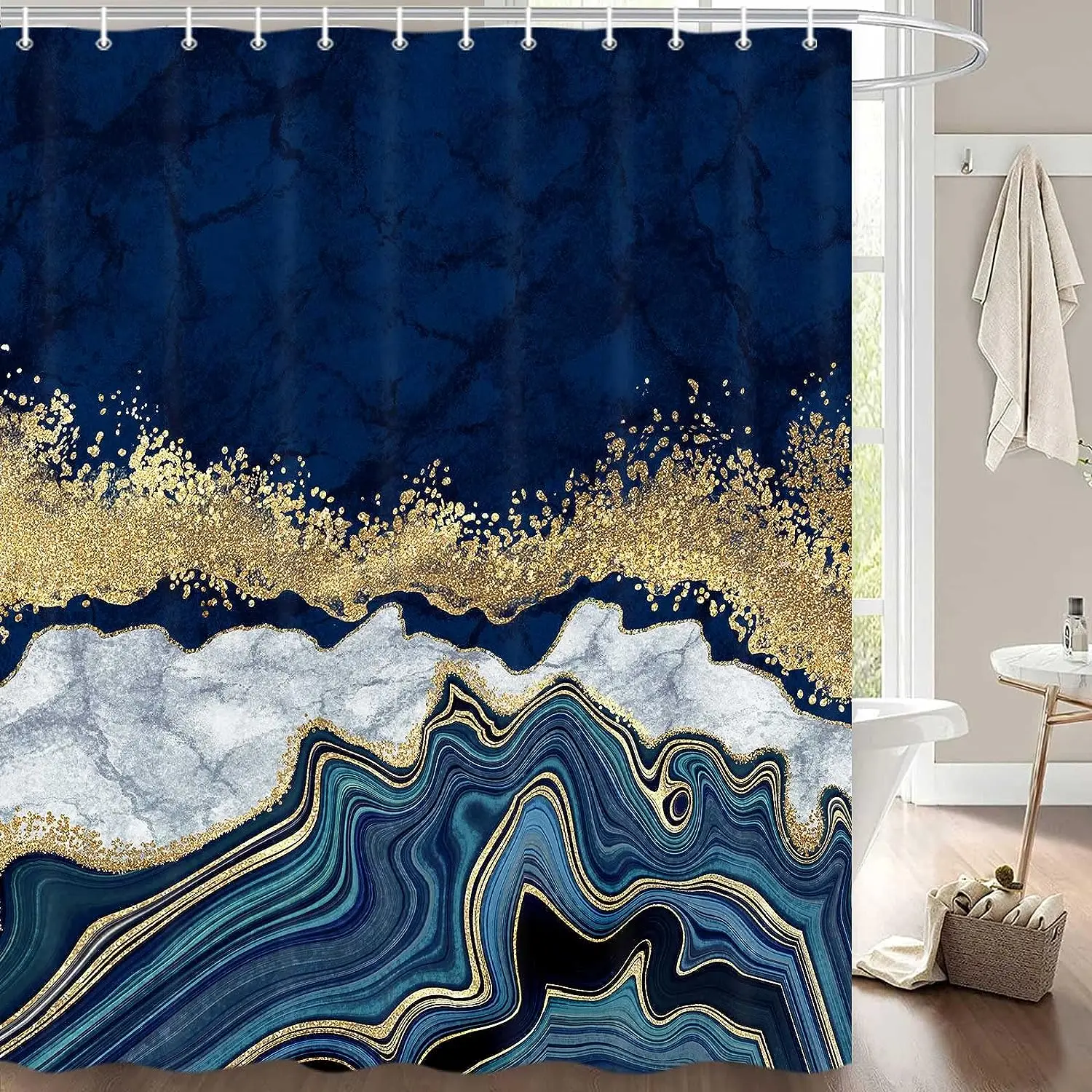 Navy Blue Marble Shower Curtain Luxury Gold Line Design Waterproof Bath Curtains for Bathroom Decor with 12 Hooks 72 x 72 Inches