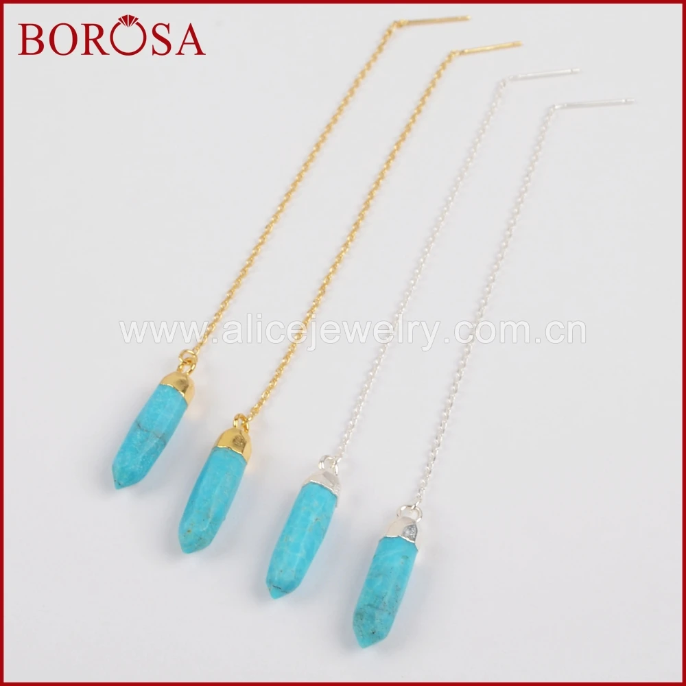 Gold Plated Natural Turquoise Point Faceted Threader Earrings Healing Stone Dangle Earrings for Women Jewelry G1343