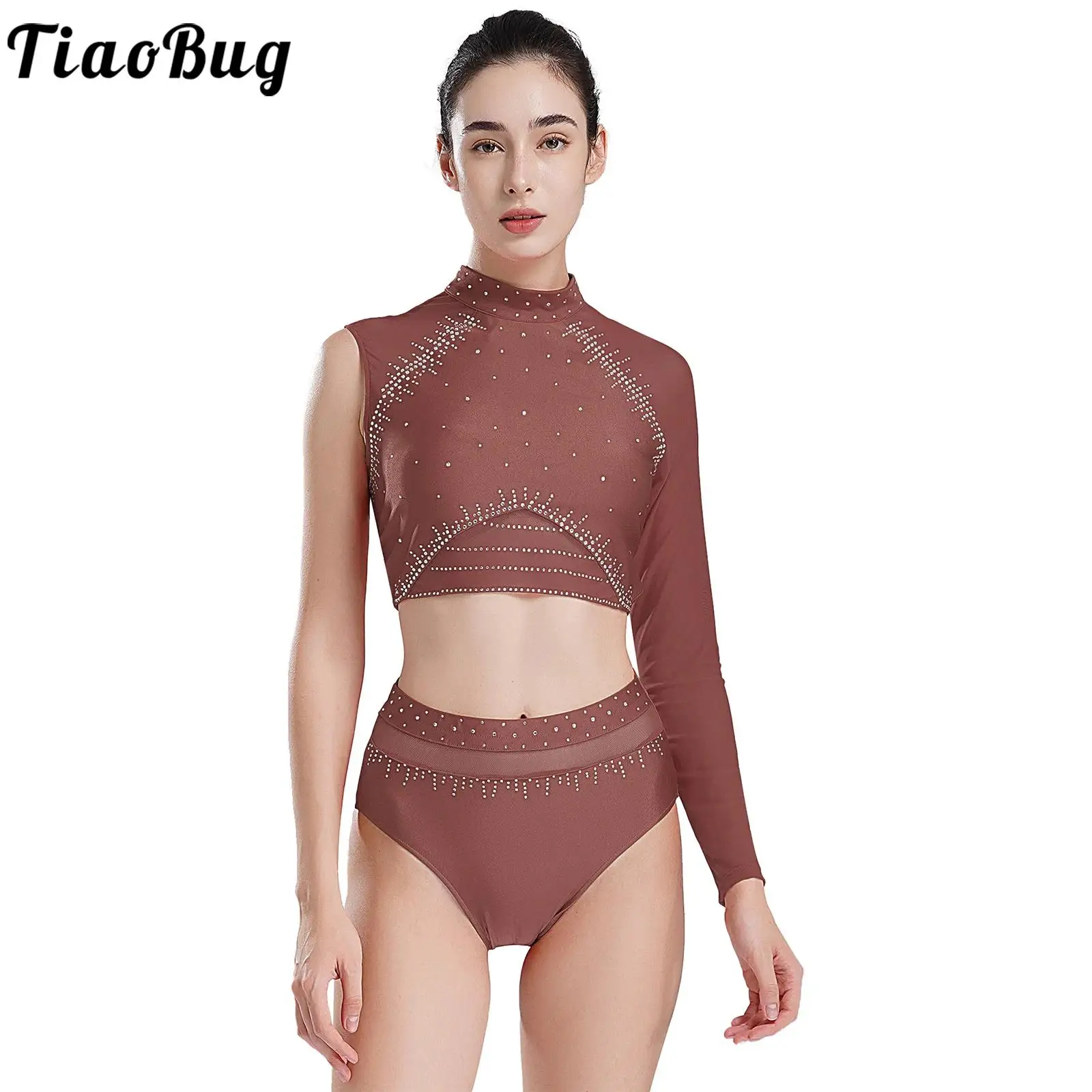 2Pcs Women Dance Rhythmic Gymnastic Performance Costume Outfit Modern Ballet Dance Set One Sleeve Crop Top and Boxers Briefs