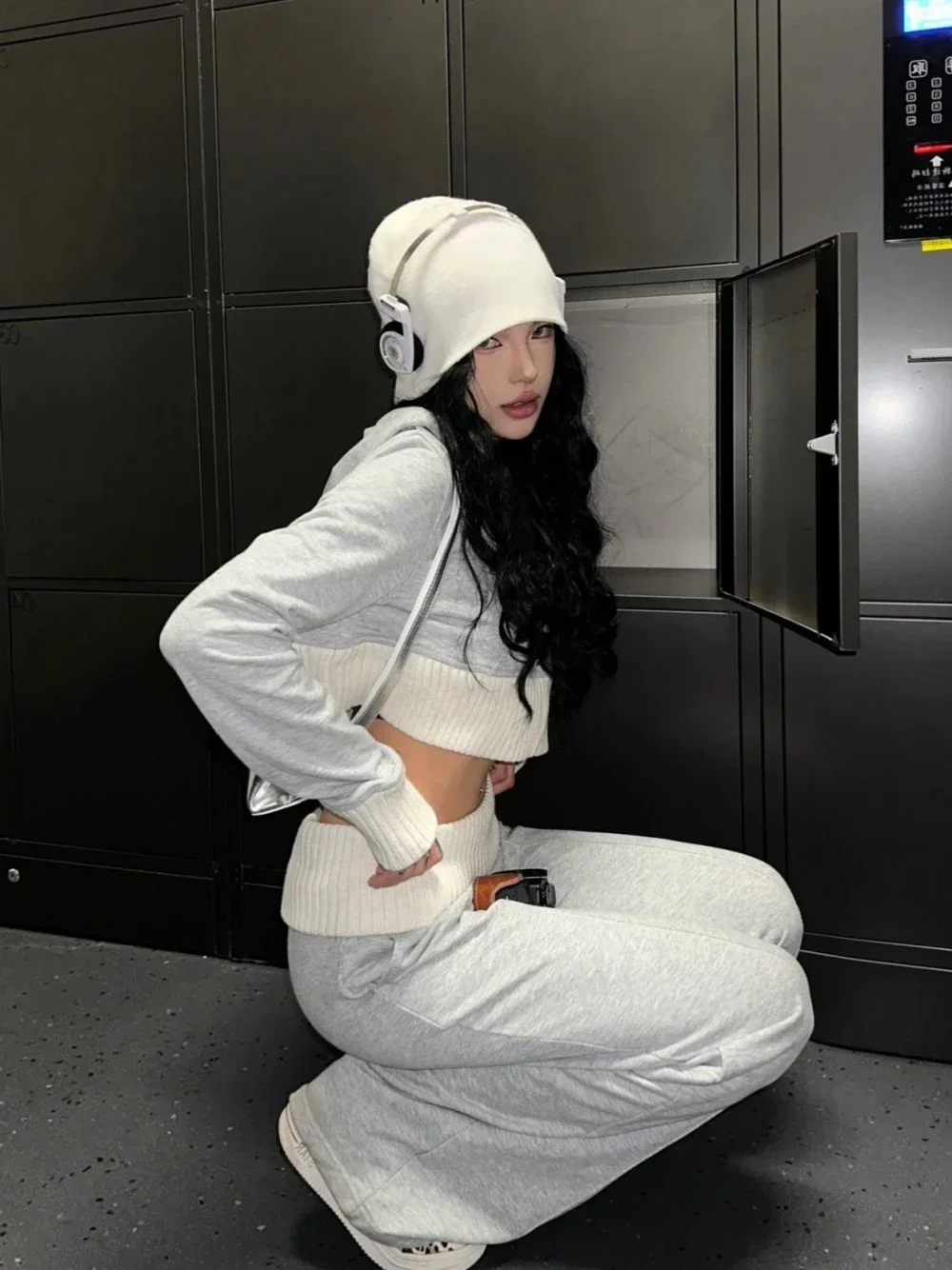 QWEEK Korean Fashion Gray Two Piece Set Women Y2K Vintage Kpop Outfits Hottie Training Suit Contrast Color Patchwork Tracksuit