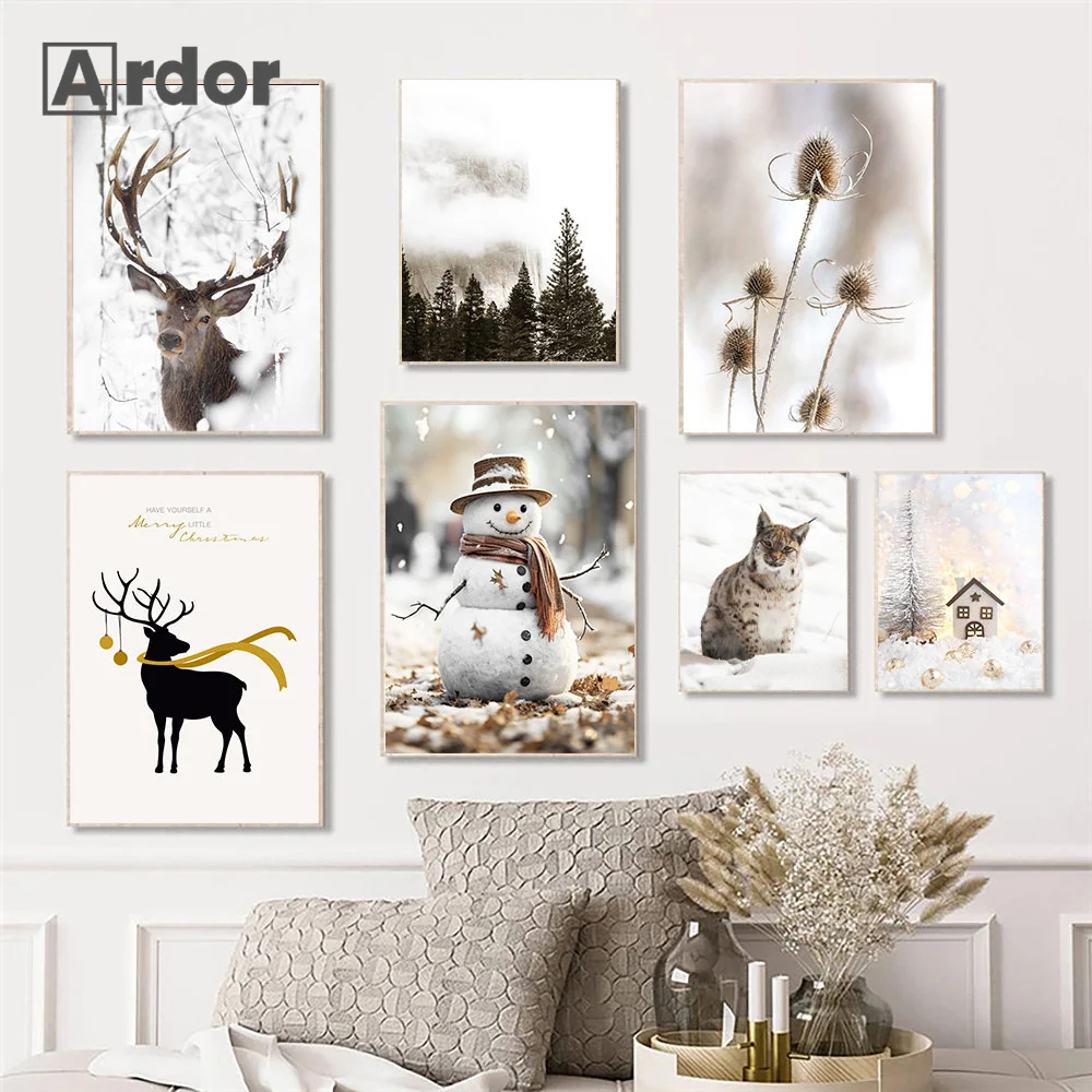 

Christmas Gift Winter Snow Pine Tree Deer Wall Art Canvas Painting Elk Snowman Poster Print Picture Living Room Home Decor