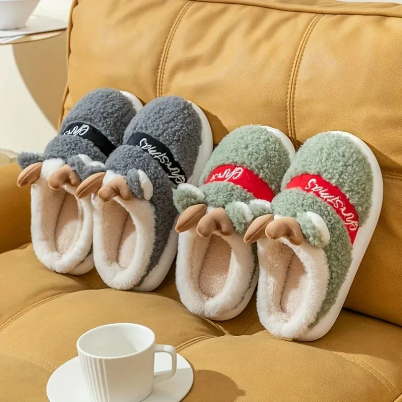 Home Fuzzy Slipper Women Christmas Elk Platform Fluffy Winter Warm Fur Plush Indoor Female Furry House Shoe Flat Ladies Male Men