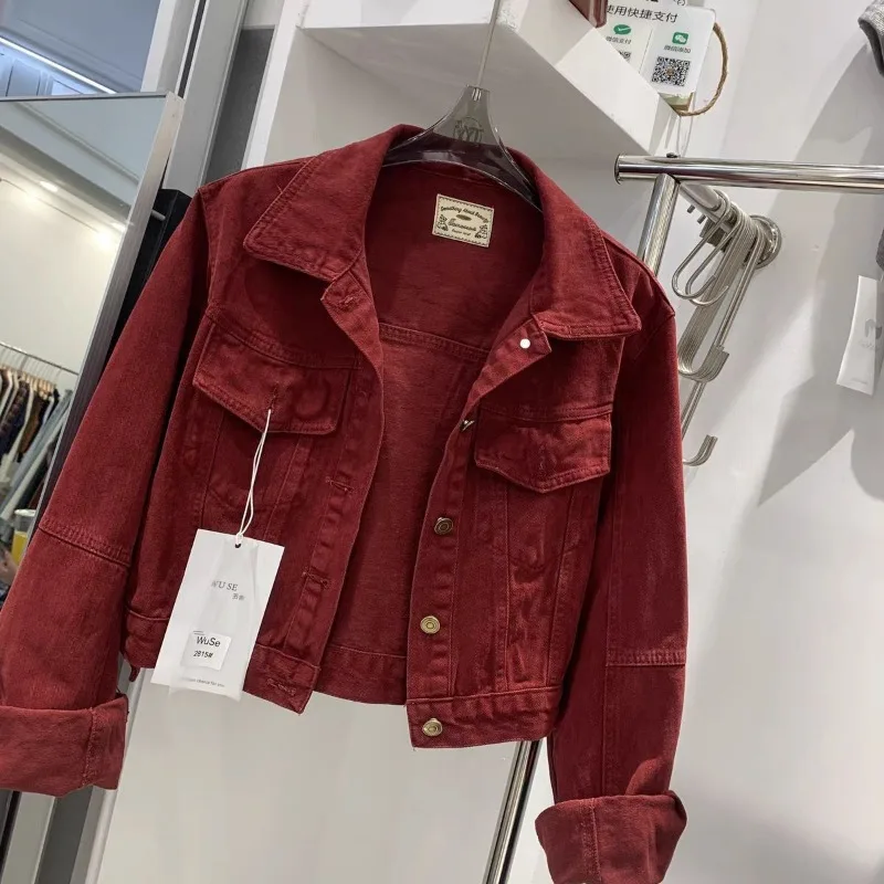 

Рабочая одежда в стиле ретро, джинсовая женская новая осенняя свободная универсальная короткая куртка с лацканами, топ