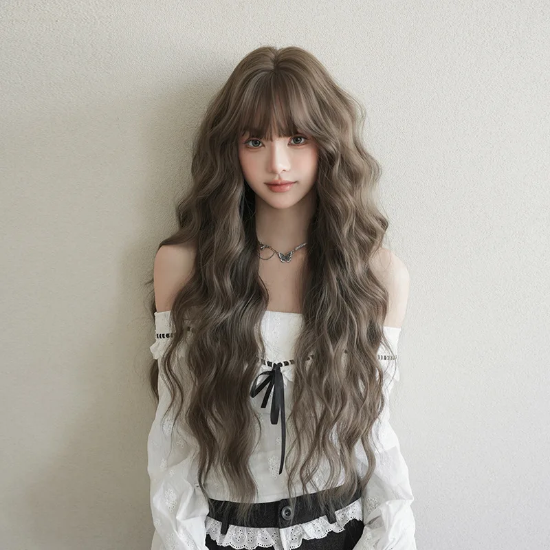 Women's long curly gray-brown synthetic fiber wig, fashionable internet celebrity style
