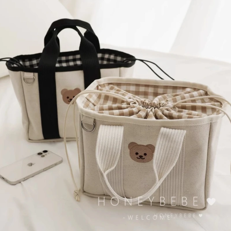 

BE112: Cute Mommy Bag with Bear Embroidery, Plaid Canvas Tote with Strap, Travel Diaper Bag for Women, Lightweight Mom Handbag