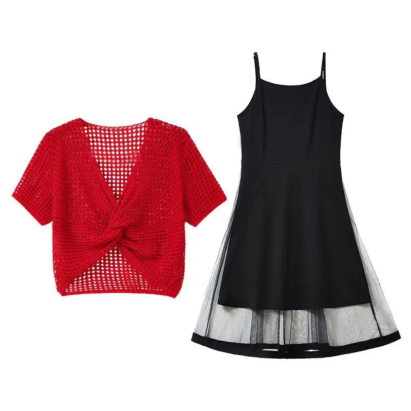 2022 Comfortable Casual Suspender Dress Summer New Slim Hollow Out Short Sleeved Mesh Skirt Two Piece Women's Suit