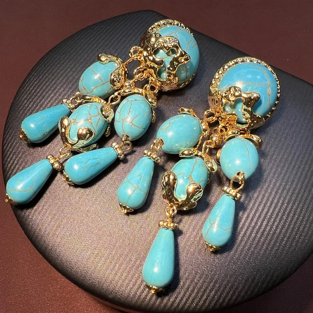 

Medieval vintage turquoise fringed western antique niche design sense advanced sense earrings