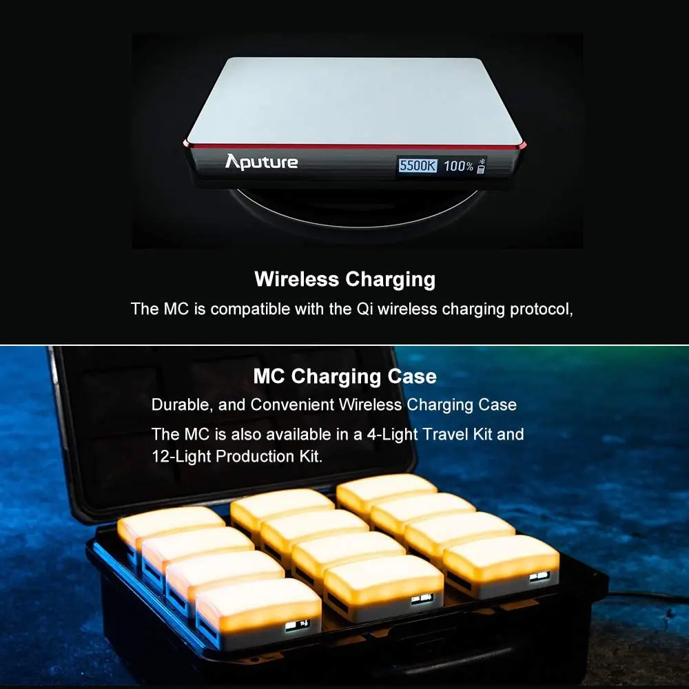 Aputure MC ชุดเดินทาง4ไฟ RGB บนกล้องแฟลชวิดีโอ LED TLCI/CRI 96 + rgbww 3200K-6500K HSI ควบคุมสีพร้อมเคสชาร์จ