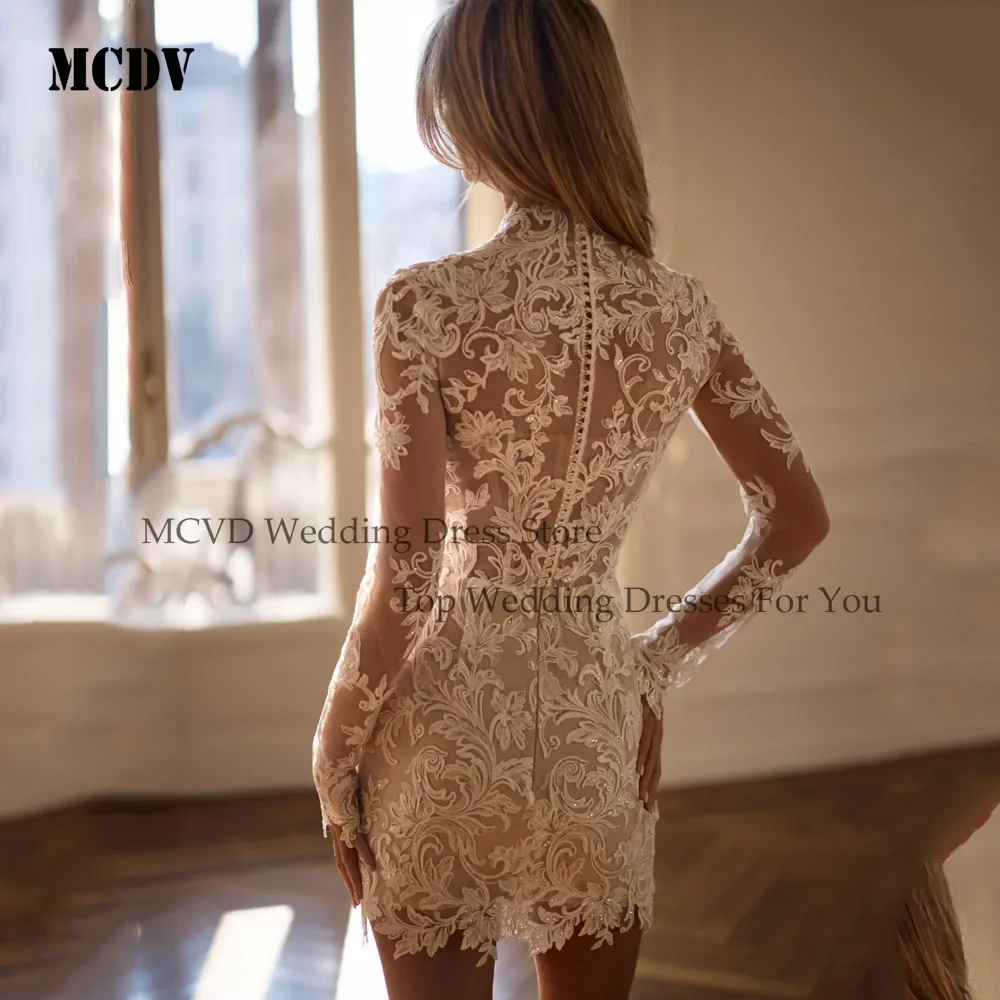 Civil Lace Wedding Dresses Appliques High Neck Mini Bride Party Gown Above Knee Customized Reception Dresses For Weddings image 2
