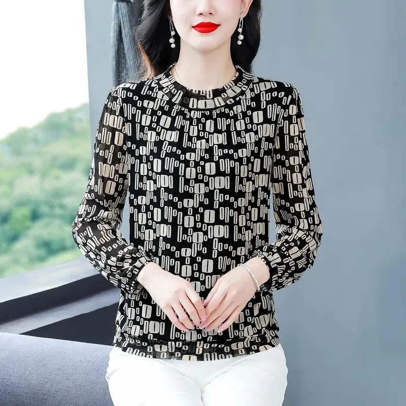 

Women's Geometric Print Mesh Long Sleeve Top Round Neck Casual Chiffon Blouse Spring Autumn Elegant T-shirt
