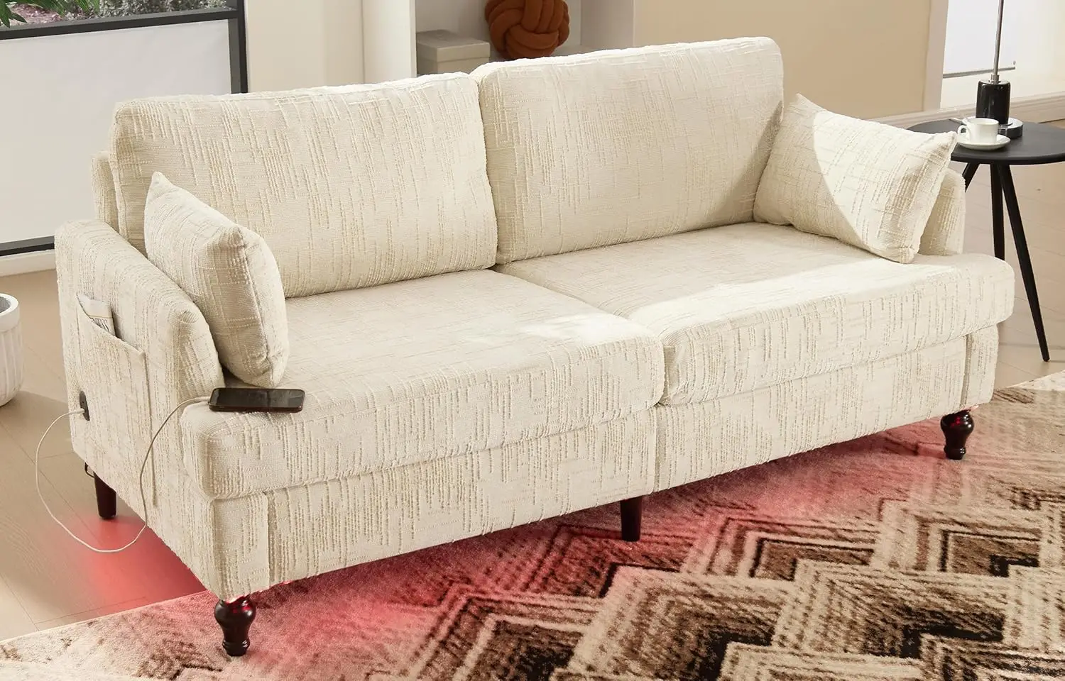 Modern Loveseat Couch Sofa for Living Room with LED Lights / USB Type C Ports, Upholstered 70