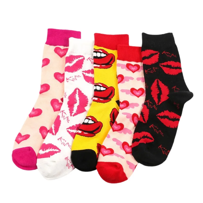 HEZIOWYUN Womens Y2K Valentine's Day Middle Tube Socks Lip Heart Pattern All-over Print Funny Contrast Color Slipper Floor Socks