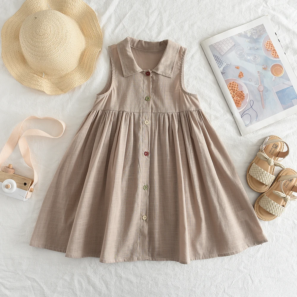 New Solid Baby Girl Dress Cotton Button Kids Dresses Summer Princess Party Dress Toddler Girls Sundress Kids Clothes