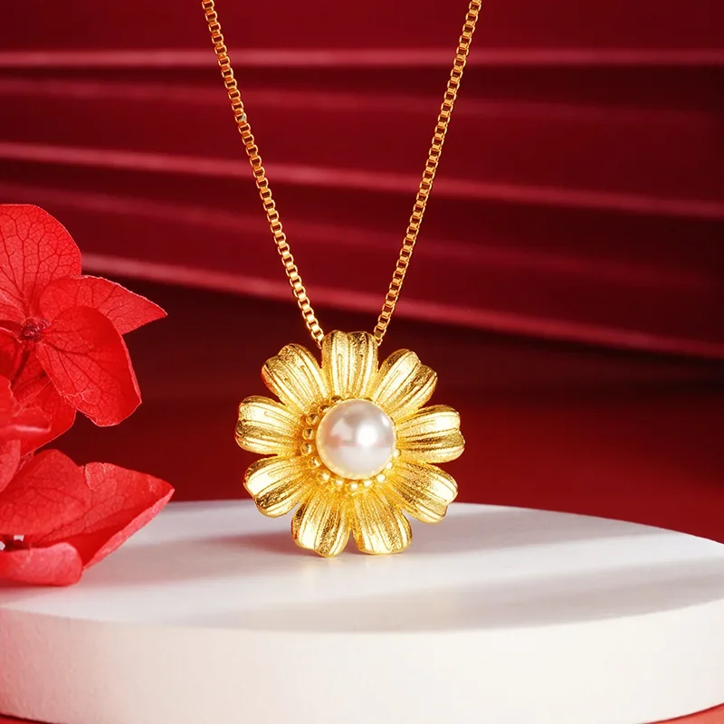 Pure Orginal 18 K Gold Color Sunflower Pearl Necklace Pendant for Women Wedding Birthday Not Fade Jewelry Gifts