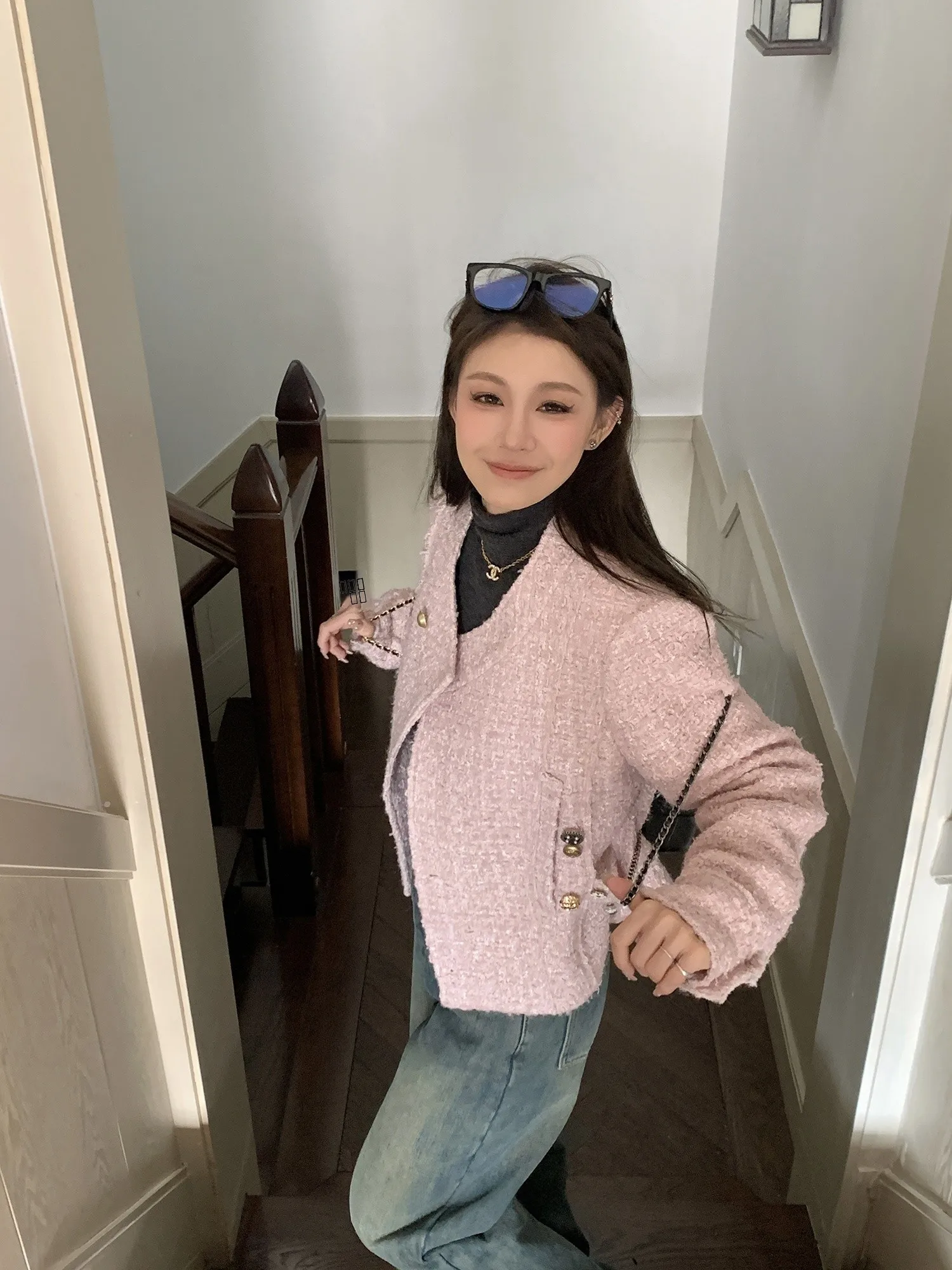 

Handmade Woolen Quilted ort Coat Women's Faion Sle round Ne Button up Thi Winter Outerwear Ele Ladylike Design