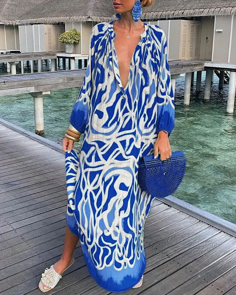 Elegant Women\'s Maxi Dresses 2024 Summer Casual Fashion Retro Print V Neck Loose Boho Long Vacation Beach Dress Female Robes New