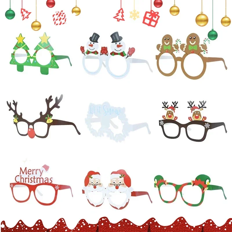 9 pièces/ensemble montures de lunettes de noël motif père noël bonhomme de neige drôle père noël lunettes en papier cadeaux de joyeux noël bonne année