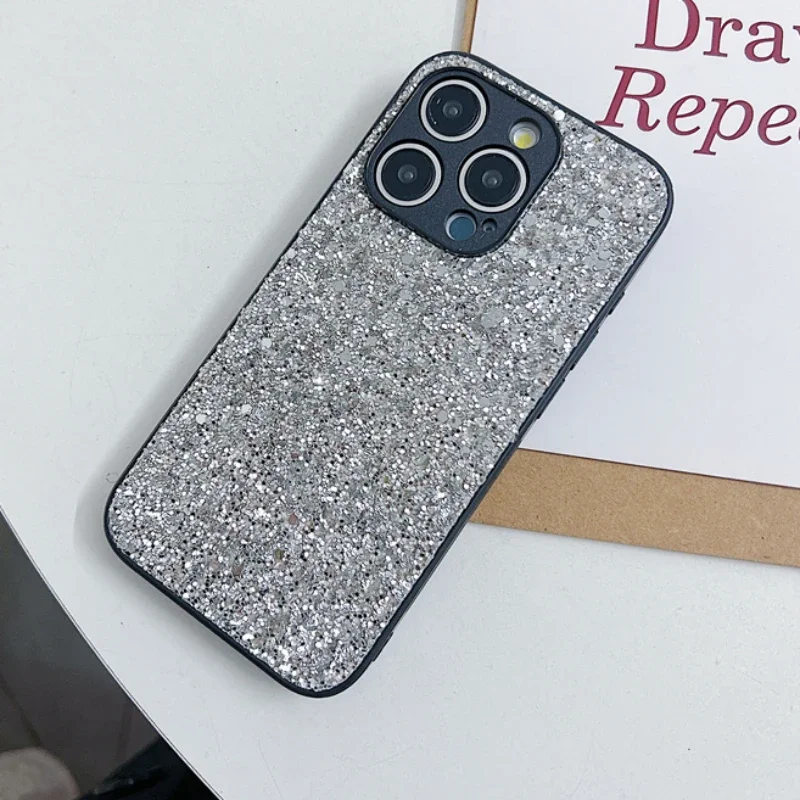 Custodia rigida per PC con glitter di lusso per iPhone 16 15 14 13 12 Mini 11 Pro Max Plus Fotocamera Protezione completa Cover posteriore antiurto