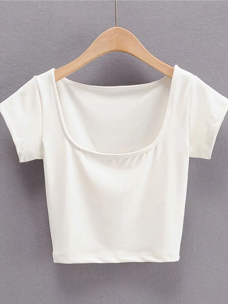 Women Petite Cap Sleeve Square Neck Crop T-shirt