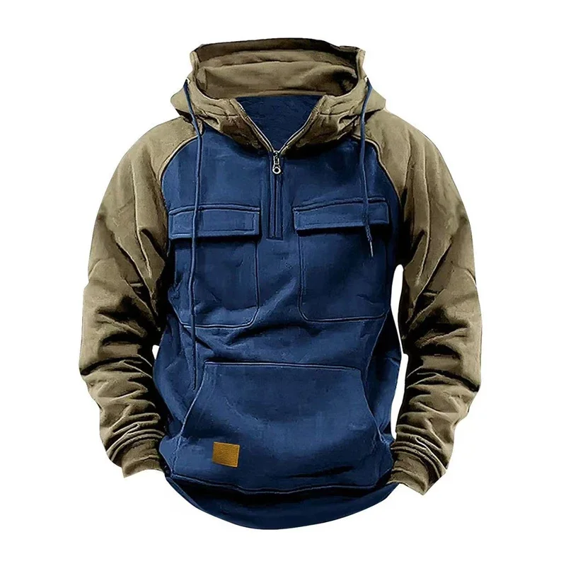 

Winter Men Streetwear Vintage Hoodie Fall Trendy Mens Color block Hooded Sweatshirts Zipper Drawstring Long Sleeve Loose Hoodies
