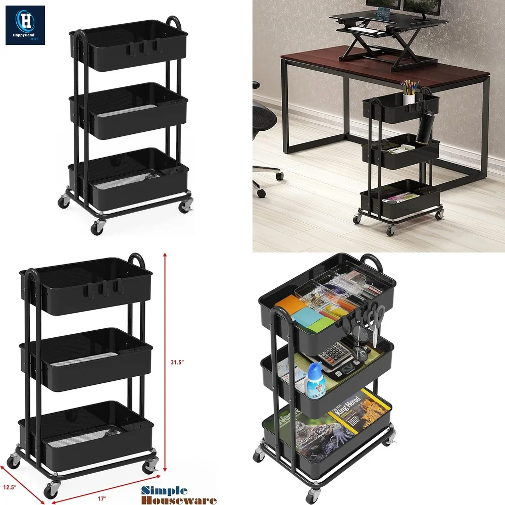 

3 Tier Heavy Duty Metal Rolling Utility Cart with Wheels Storage Rack for Home Kitchen Garage Workshop Office Supplies Organizer