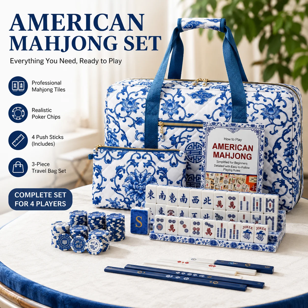 American Mahjong Set with Travel Storage Bag, Acrylic Mahjong Tiles, Pushers, Chips and Complete Playing Accessories