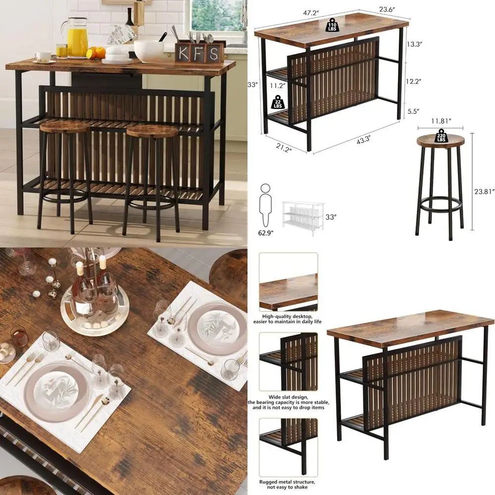 現代的な3ピースパブテーブルセット、長方形のバースツール、2ピース木製ダイニングコレクション、収納付きカウンターハイトテーブル