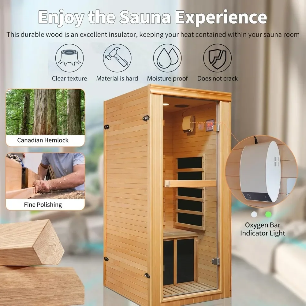 Sauna Infrared 1 Person Saunas Home Canadian Hemlock 980W Low-EMF Dry Sauna 5 Ultra-Low Energy Saving Heating Panels, Built-in