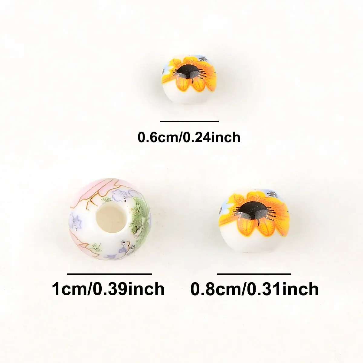 0.6cm/0.8cm/1cm 20pcs Random Color Mix Hot Sale Big Hole Handmade Flower Patterns Decal Round Ceramic Beads DIY
