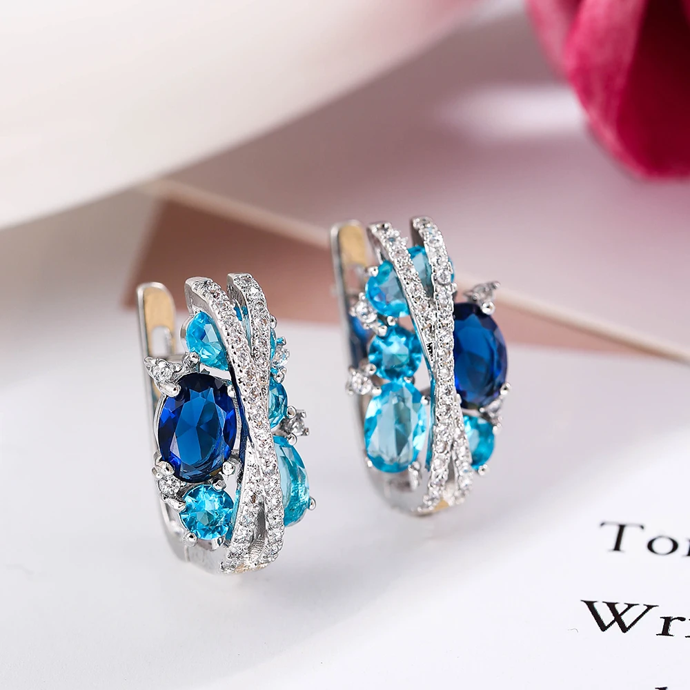 LXOEN Fashion Jewelry Style Blue/White /Green Earrings Handmade CZ Zircon Sweet Mona Lisa Stud Earrings for Women Wedding Gift