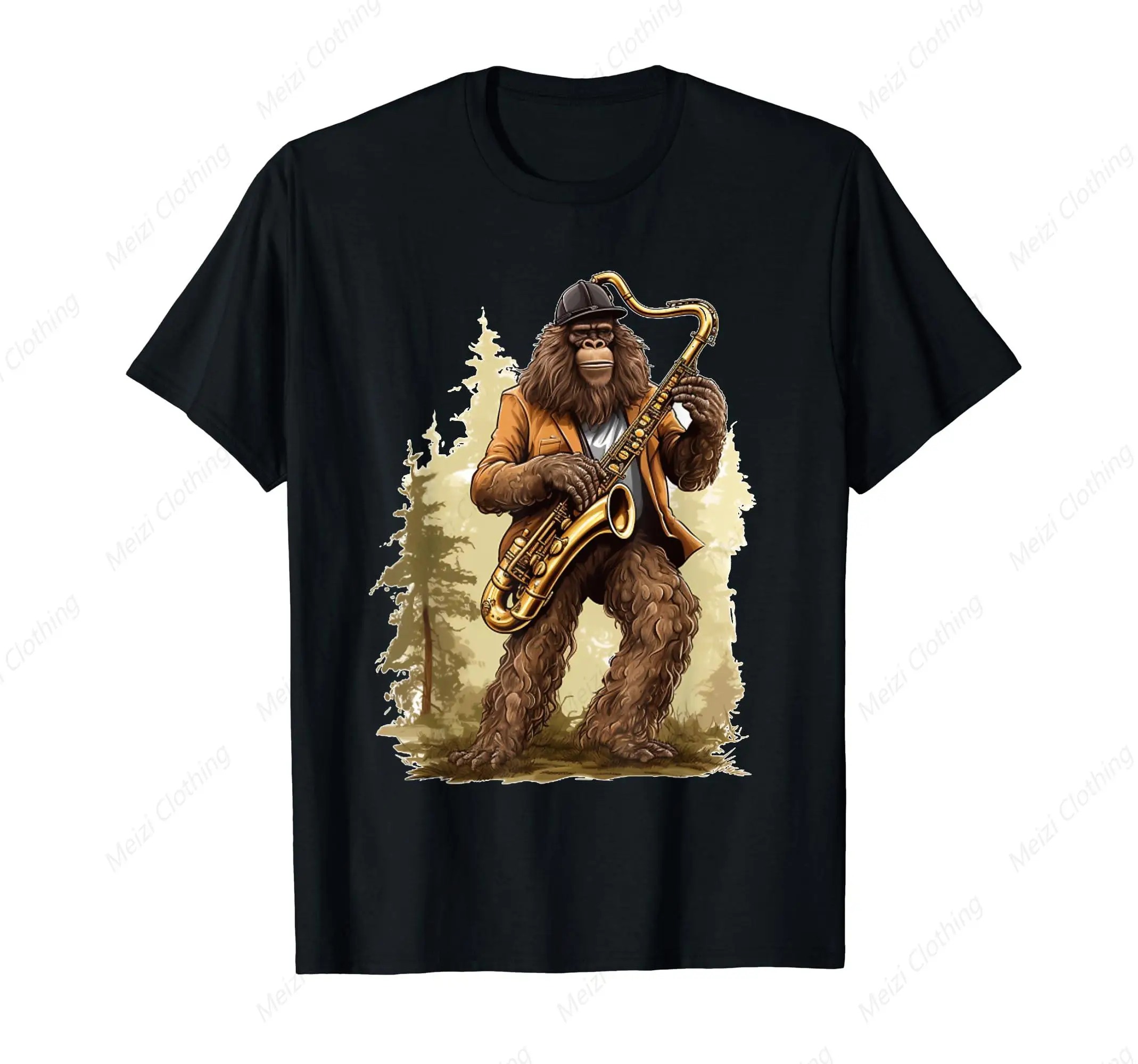 

Bigfoot Wild Man Playing Saxophone Music Printed Shirt Fun Cool Saxophone Halloween T-Shirt Pure Cotton Breathable