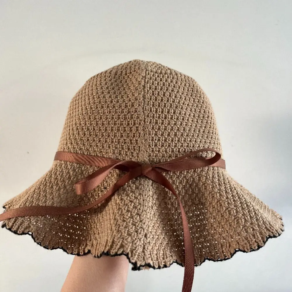 

UV Protection Crochet Bucket Hat Foldable Breathable Women's Basin Cap Ribbon Bow Ruffle Brim Knit Fisherman Hat Beach