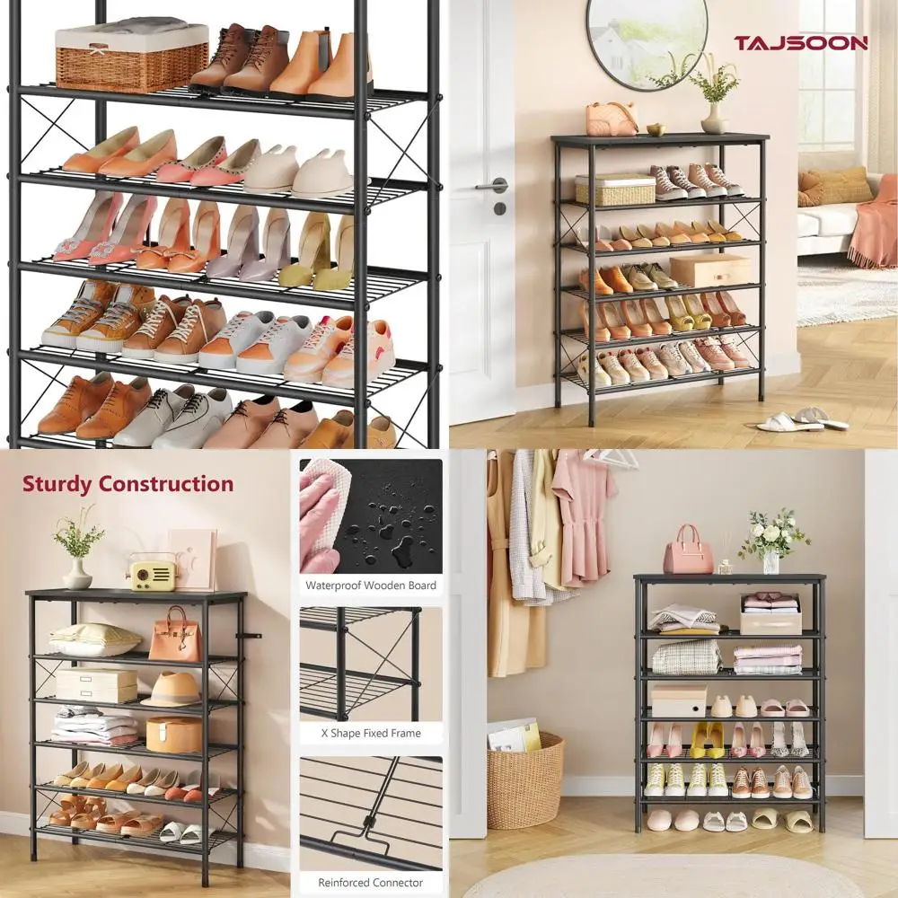 

6-Tier Metal Mesh Shoe Rack Organizer for 20-24 Pairs, Industrial Entryway Storage Shelf, Black