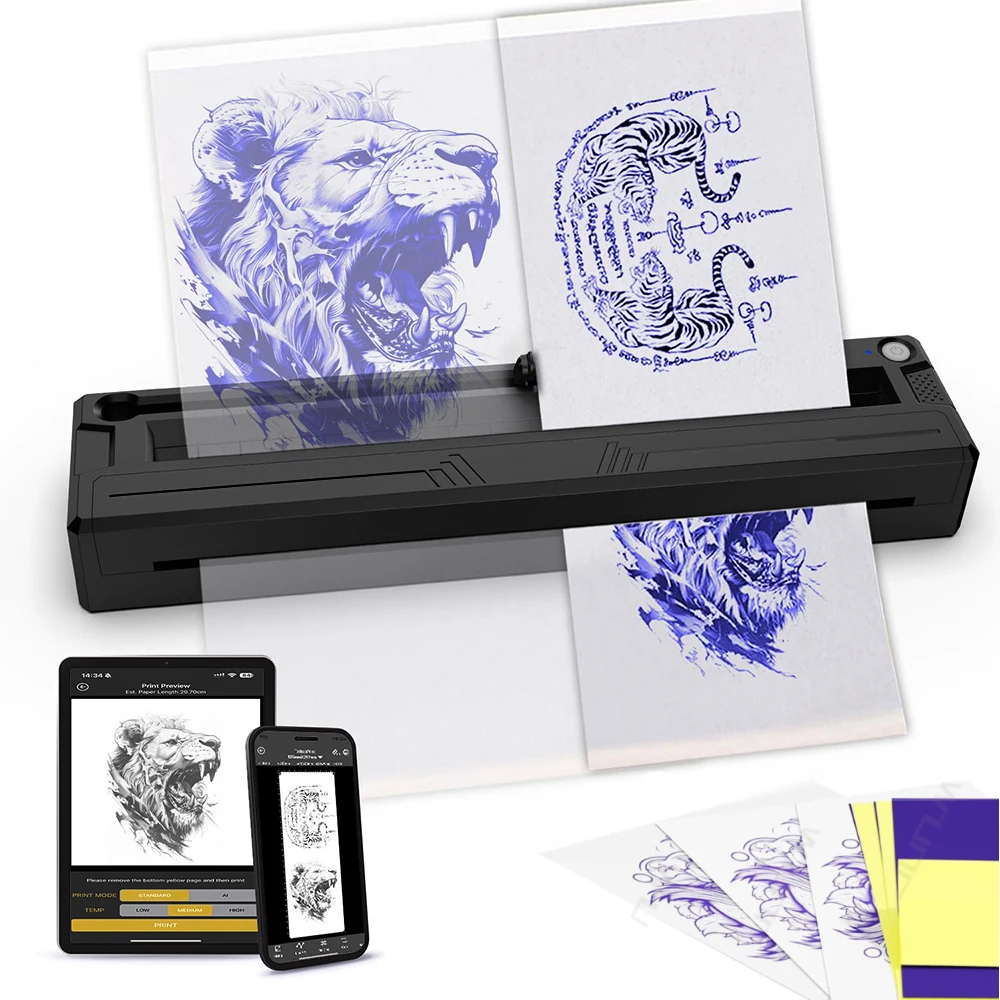 Portable A4 Tattoo Printer  M8 Wireless Thermal Tattoo Transfer Printer for Beginners  with 5pcs Tattoo Transfer papers