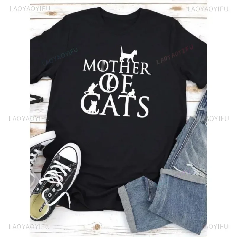 Camiseta de manga curta masculina e feminina com gola O, estampa para mãe de gatos, moda feminina, letras fofas, tops roupas