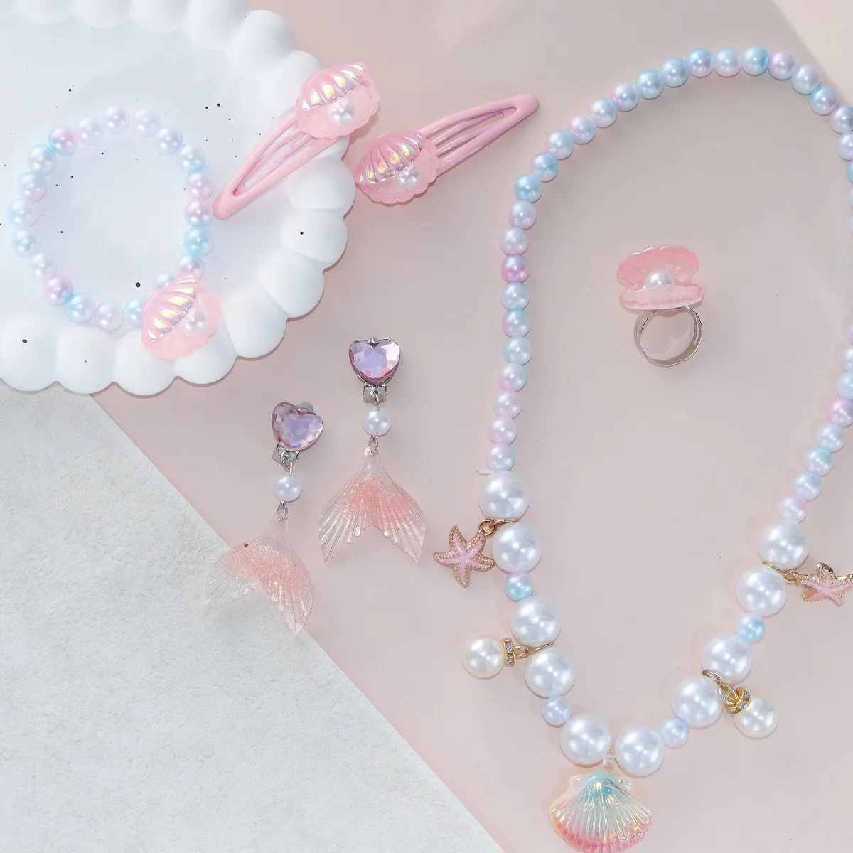 5 قطع طفل حورية البحر مجموعة للفتيات تقليد اللؤلؤ شل الأميرة اكسسوارات لطيف قلادة أقراط حلقة سوار مشبك شعر هدية