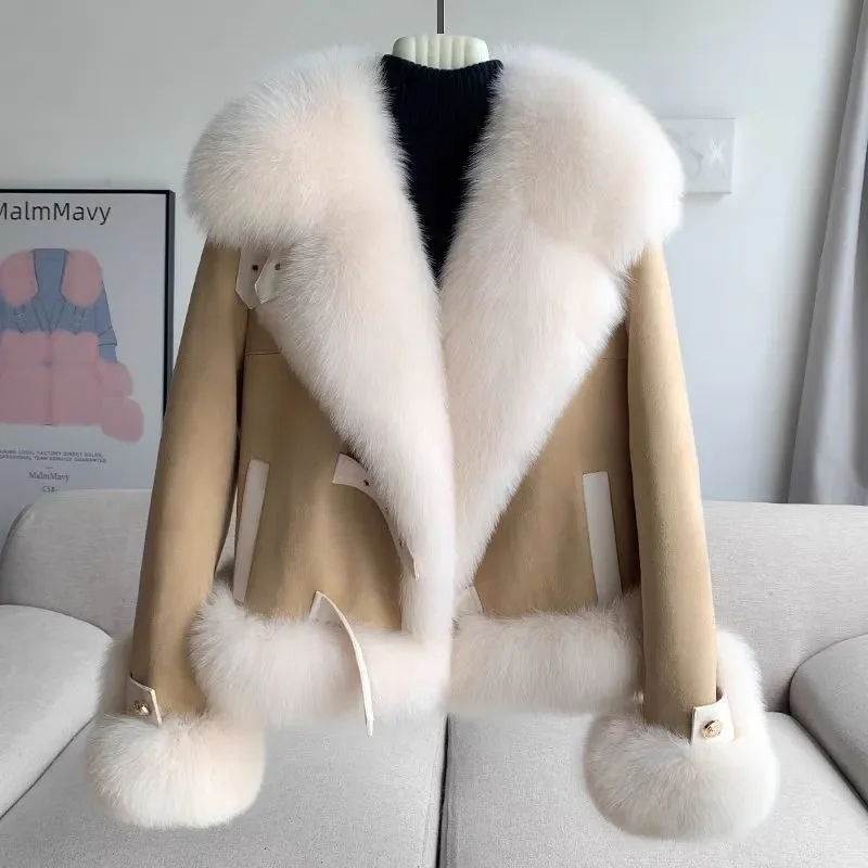 Fashion Imitation Fox Fur Grass Coat Women's Short 2026New Furry coat Woolen collar thickened warm coat for winter Fur Coat Pink