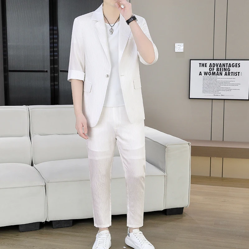 

Summer New Men's Casual Slim Fit irt And Pants Two-Piece Suit Sli f Sve Thin High-End Faion Urban Busin Casual