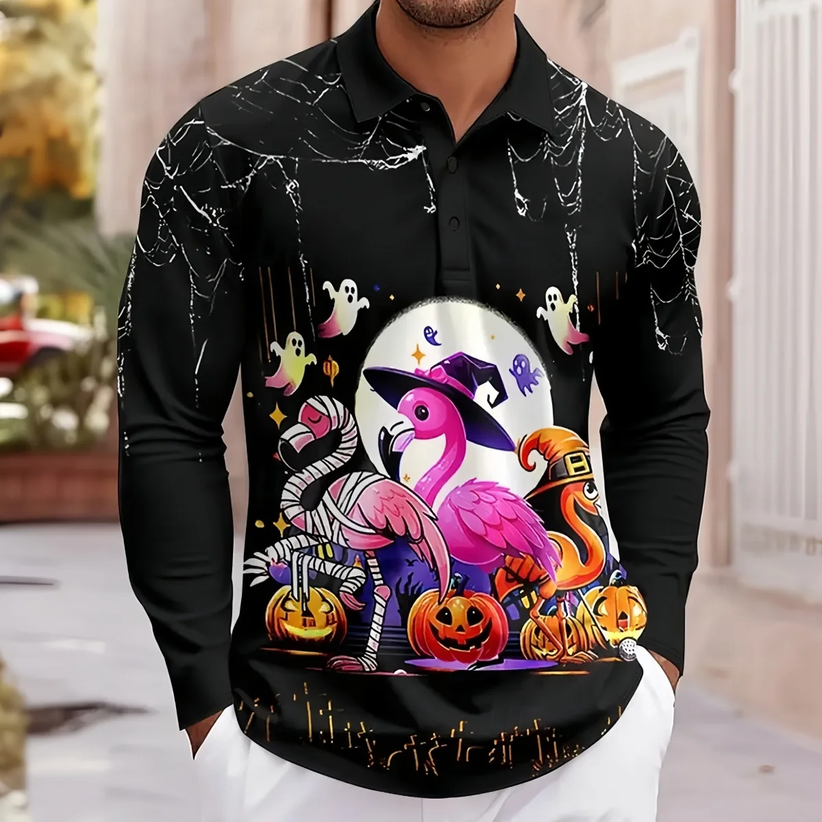 

Halloween Theme Pumpkin Ghost Graphic 3D Printed Men's Long Sleeve Polo Shirt Autumn Top Breathable Quick Dry Button Lapel Shirt