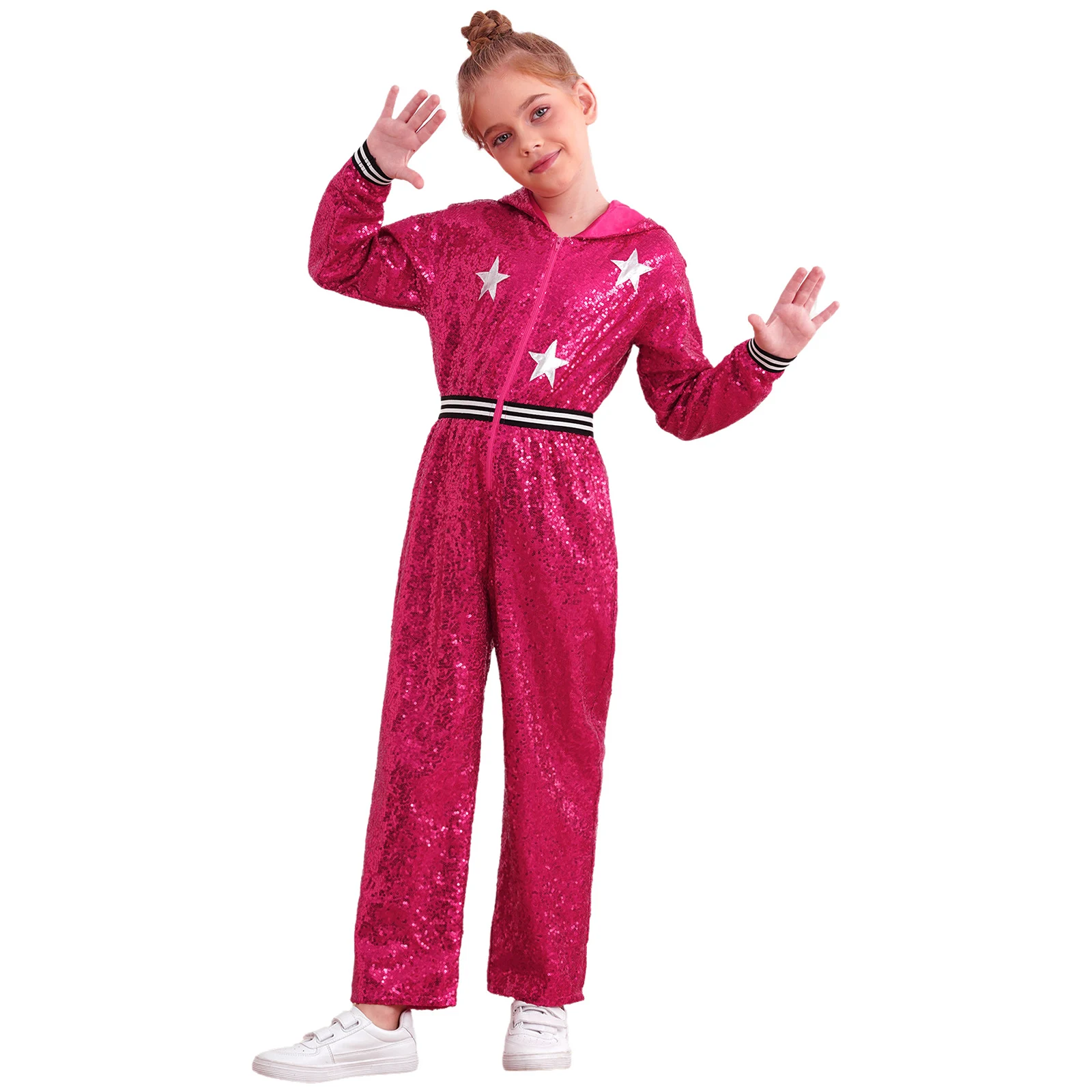 Kids Girls Hip Hop Dance Outfit 90s Disco Theme Party Costume Long Sleeve Metallic Star Sparkly Sequins Zipper Hooded Jumpsuit