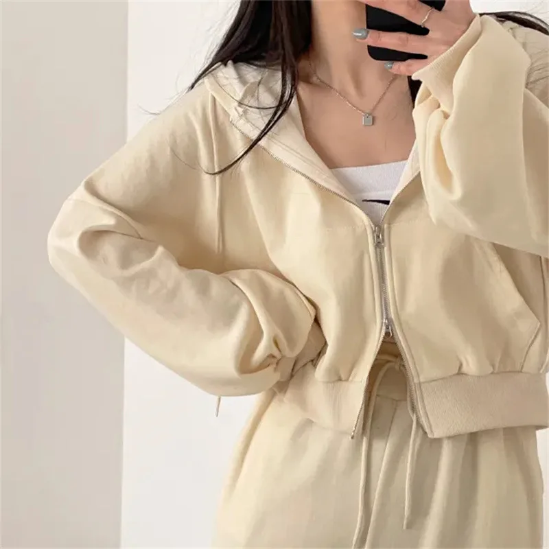 Korean Style Long Sleeved Pants Suits for Women, Zipper Top, High Waist, Casual Female Loose Sports, New Fall, 2024