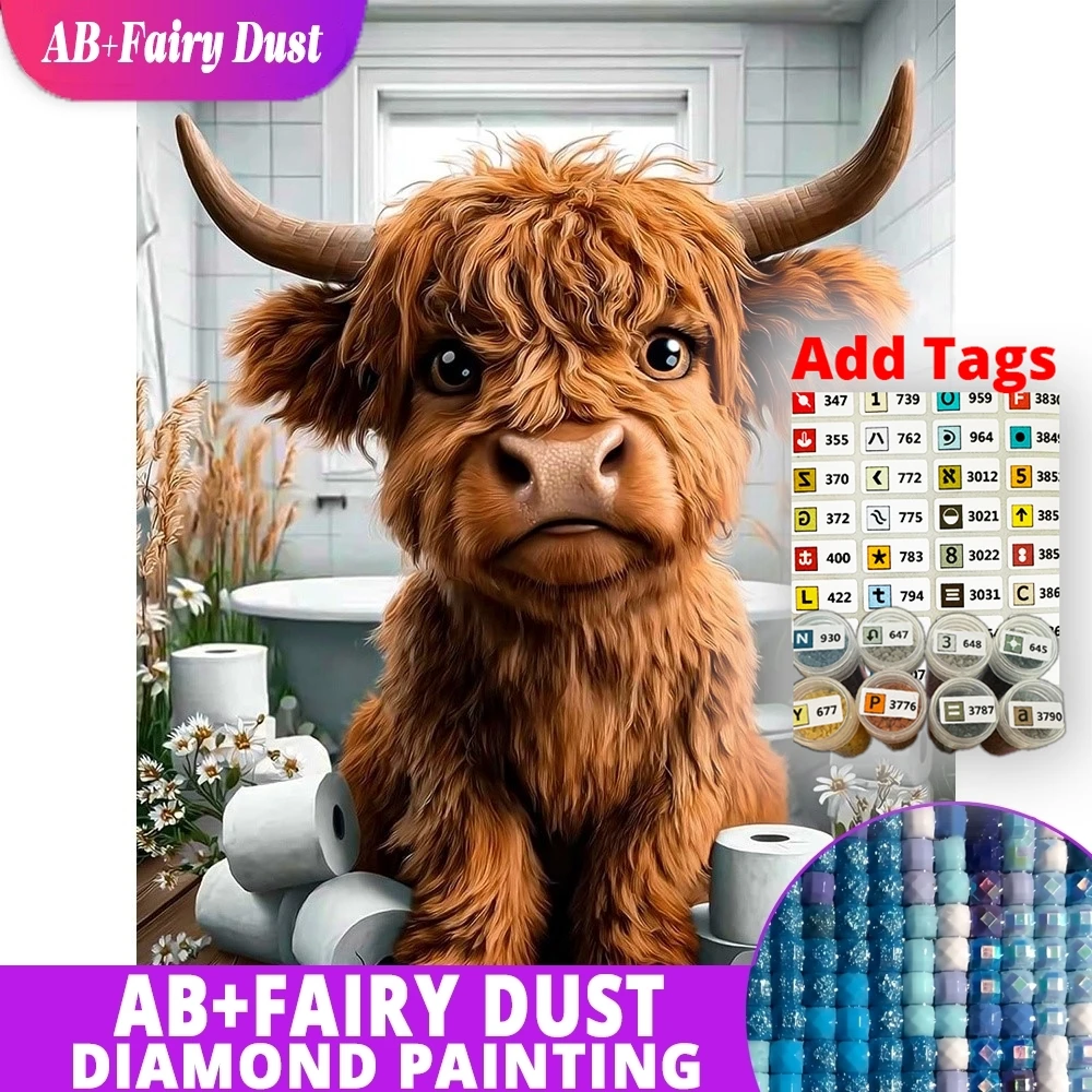 AB Fairy Dust DIY Diamond Mosaic Highland Cow Toilet Humor Full Square Round Diamond Painting Embroidery Wall Art Home Decor Gif