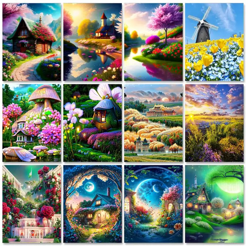 

GATYZTORY Diy Diamond Painting House Pictures Full Round Cross Stitch Kit Embroidery Mosaic Art Rhinestone Decoration Picture