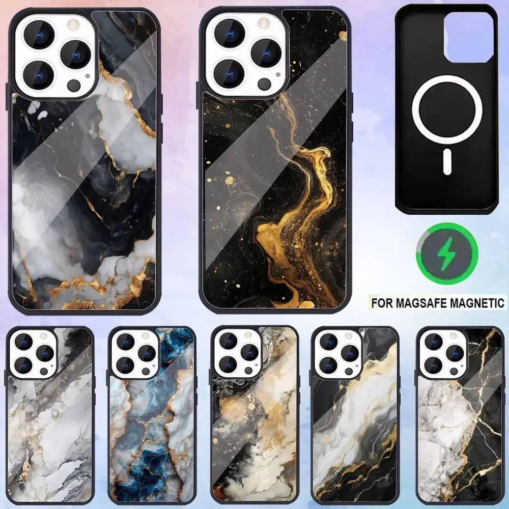 

Marble Black Gold Art Phone Case For iPhone17,16,15,14,13,12,11 Plus,Pro Max Magnetic For Magsafe Wireless Charging