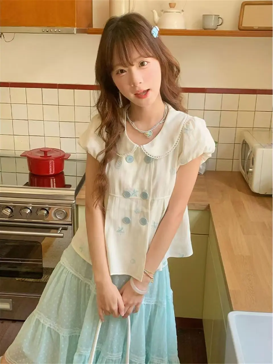 

Cute Girl Doll Collar Mint Green Polka Dot Half Skirt Two Piece Set Women's Fashion Spring Summer Autumn Long Sleeve Cardigan